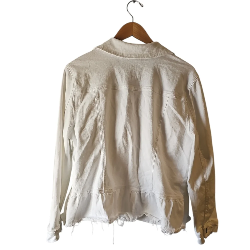 Chicos 3 Peplum Raw Hem White Denim Jacket Sz XL_3